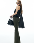 IAMXIAA Flared Casual Pants with Double Button Waist in Olive Green