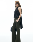 IAMXIAA Flared Casual Pants with Double Button Waist in Olive Green