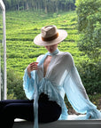 ROVENTE Sheer Ruffle Tie Blouse