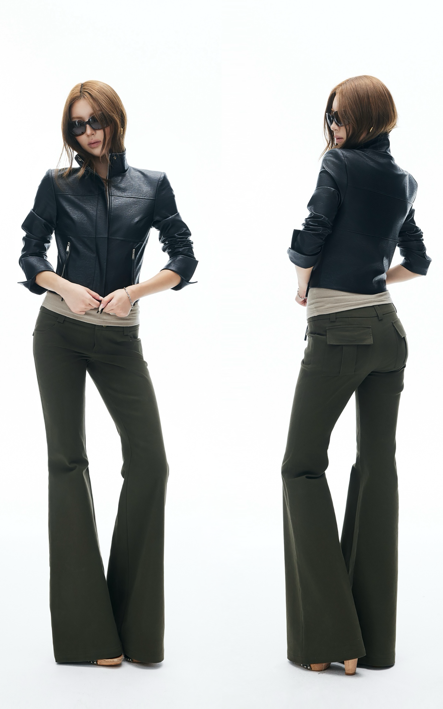IAMXIAA Flared Casual Pants with Double Button Waist in Olive Green