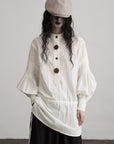DOINDULGE Red Button Accent Drawstring Hem Top