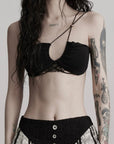 DOINDULGE Lace Strapless Crop Top with Beaded Halter Detail