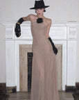 ROVENTE Ruched Mesh Maxi Dress with Detachable Floral Brooch and Flowing Hem