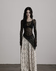 DOINDULGE Sheer Lace Long Sleeve Top with Asymmetric Hem