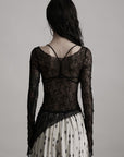 DOINDULGE Sheer Lace Long Sleeve Top with Asymmetric Hem