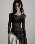 DOINDULGE Sheer Lace Long Sleeve Top with Asymmetric Hem