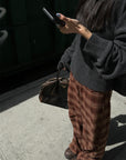 WARDEN EDGE Plaid Wide Leg Pants Retro Brown Check Casual Trousers