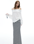 IAMXIAA Striped Bodycon Maxi Skirt Slim Fit Stretch Long Skirt