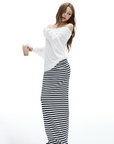 IAMXIAA Striped Bodycon Maxi Skirt Slim Fit Stretch Long Skirt
