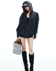 IAMXIAA Washed Zip Up Hoodie Jacket with Oversized Fit