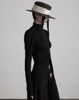 DOINDULGE High Neck Ruched Long Sleeve Top with Draped Front Detail