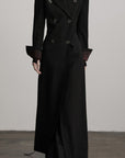 DOINDULGE Double Breasted Long Coat with Pinstripe and Contrast Lining