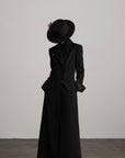 DOINDULGE Double Breasted Long Coat with Pinstripe and Contrast Lining