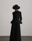 DOINDULGE Double Breasted Long Coat with Pinstripe and Contrast Lining