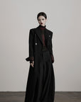 DOINDULGE Double Breasted Long Coat with Pinstripe and Contrast Lining