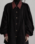 DOINDULGE Oversized Black Shirt with Contrast Collar and Pleated Front