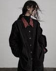 DOINDULGE Oversized Black Shirt with Contrast Collar and Pleated Front