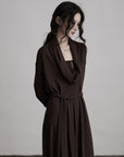 DOINDULGE Draped Knit Maxi Dress with Cowl Neck and Natural Button Detail
