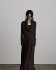 DOINDULGE Draped Knit Maxi Dress with Cowl Neck and Natural Button Detail