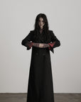 DOINDULGE Double Breasted Long Coat with Pinstripe and Contrast Lining
