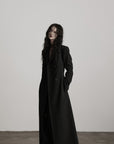 DOINDULGE Double Breasted Long Coat with Pinstripe and Contrast Lining