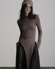 DOINDULGE Asymmetric Long Sleeve Top with Draped Hem