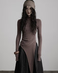 DOINDULGE Asymmetric Long Sleeve Top with Draped Hem