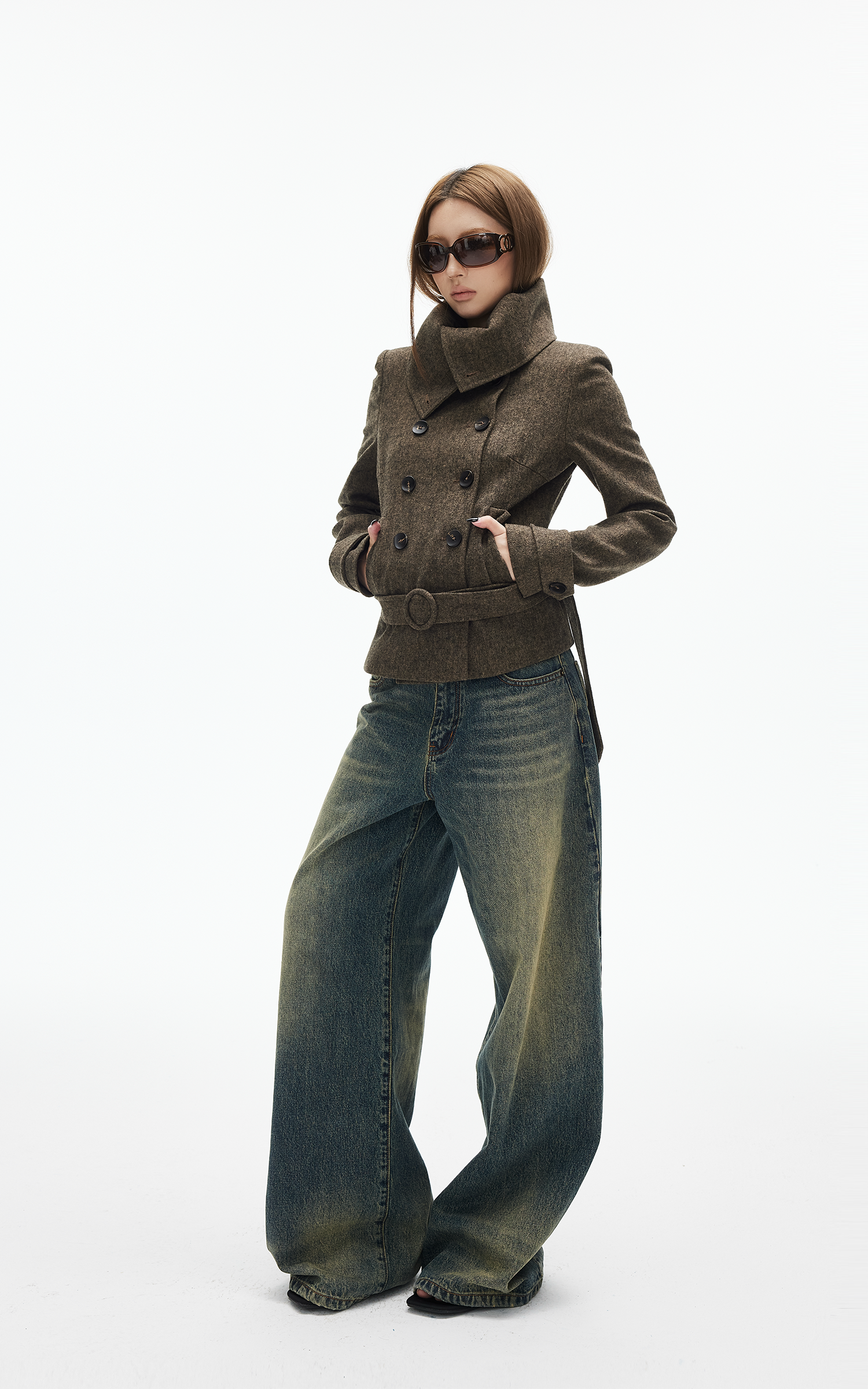 IAMXIAA Wool-Like High Neck Belted Double-Breasted Jacket