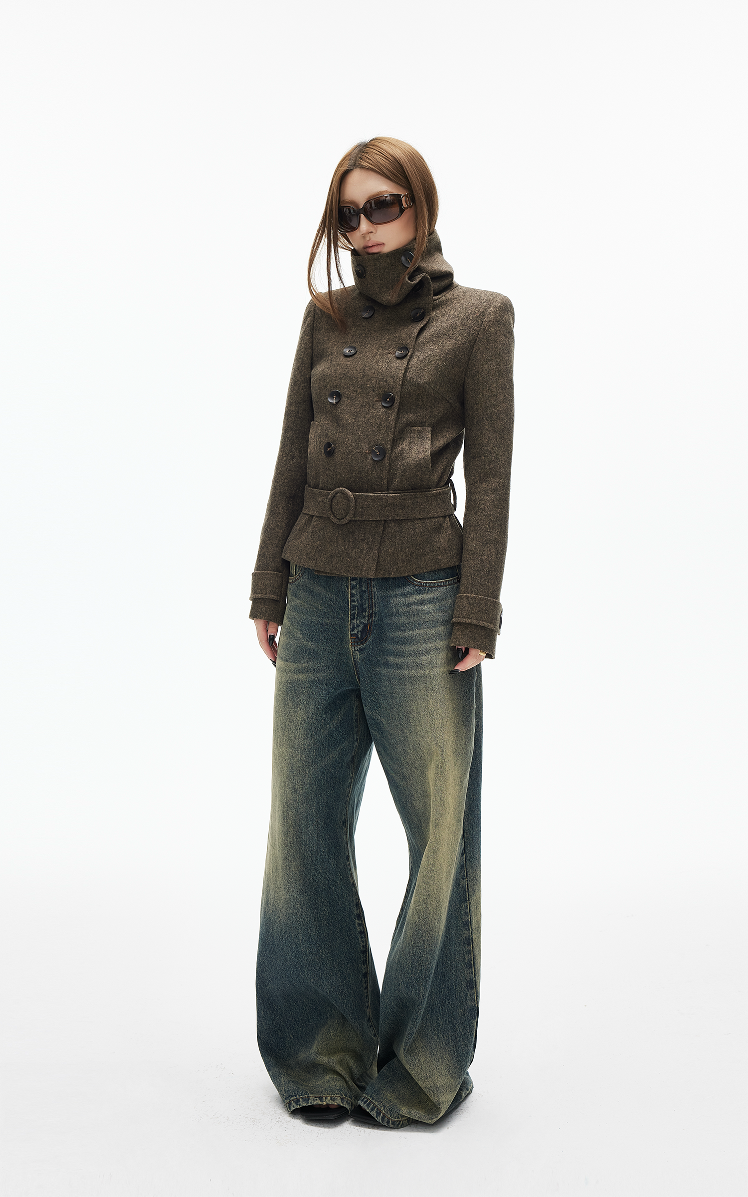 IAMXIAA Wool-Like High Neck Belted Double-Breasted Jacket