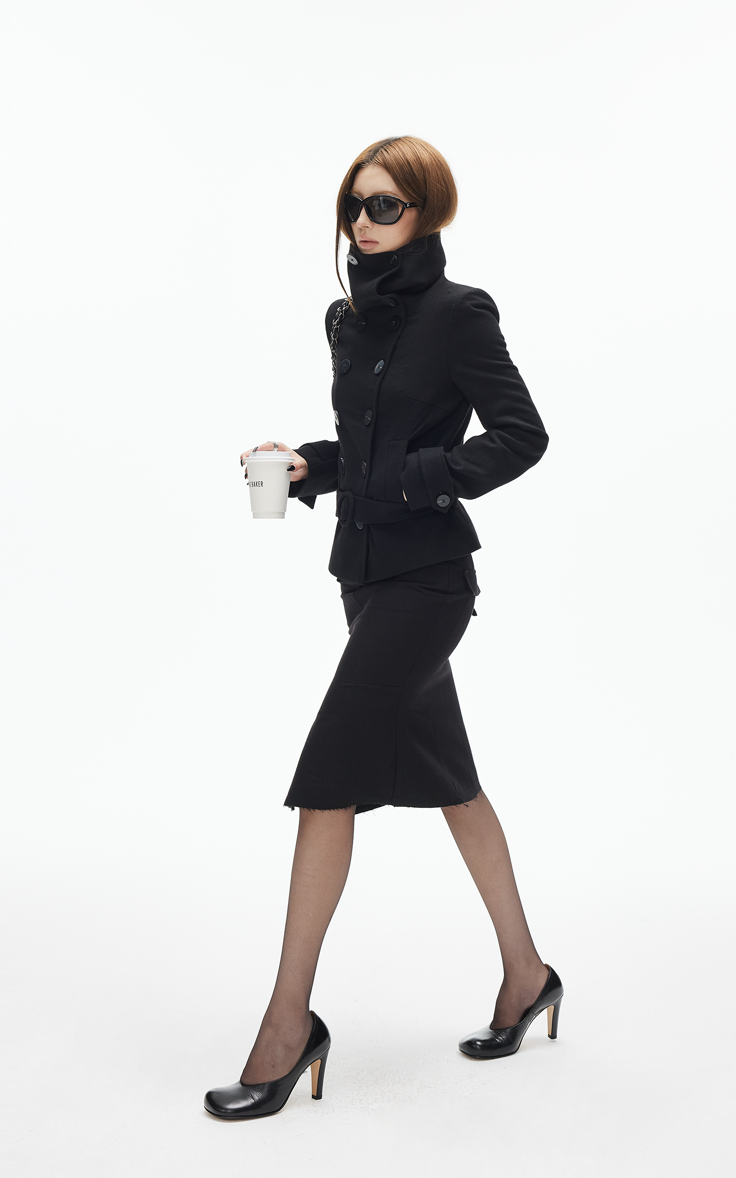 IAMXIAA Wool-Like High Neck Belted Double-Breasted Jacket