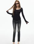 IAMXIAA Vintage Washed Skinny Jeans with Raw Hem and Contrast Stitch
