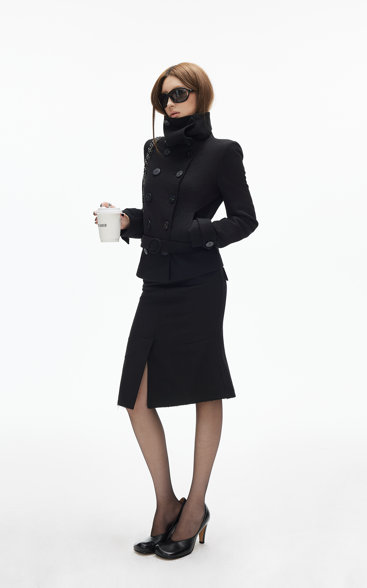 IAMXIAA Wool-Like High Neck Belted Double-Breasted Jacket