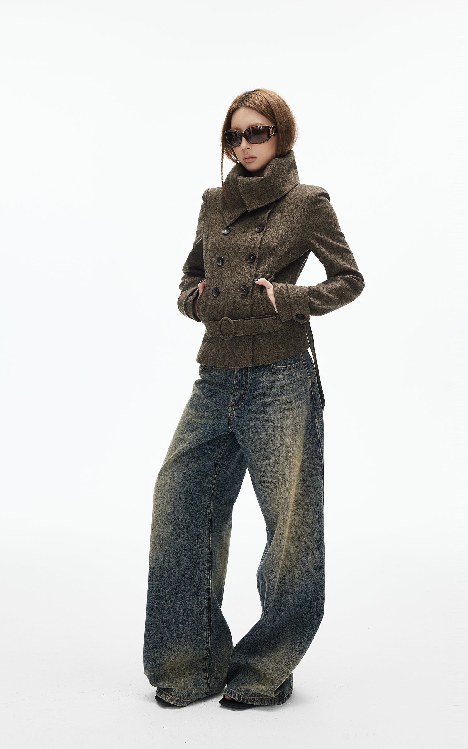 IAMXIAA Wool-Like High Neck Belted Double-Breasted Jacket