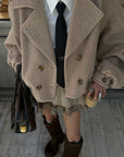 WARDEN EDGE Cropped Wool-Like Coat with Double Breasted Design and Structured Lapel