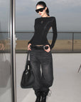 ROVENTE Washed Black Wide Leg Denim Pants