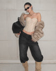 ROVENTE Washed Black Wide Leg Denim Pants