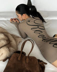 ROVENTE Script Back Bodycon Knit Mini Dress