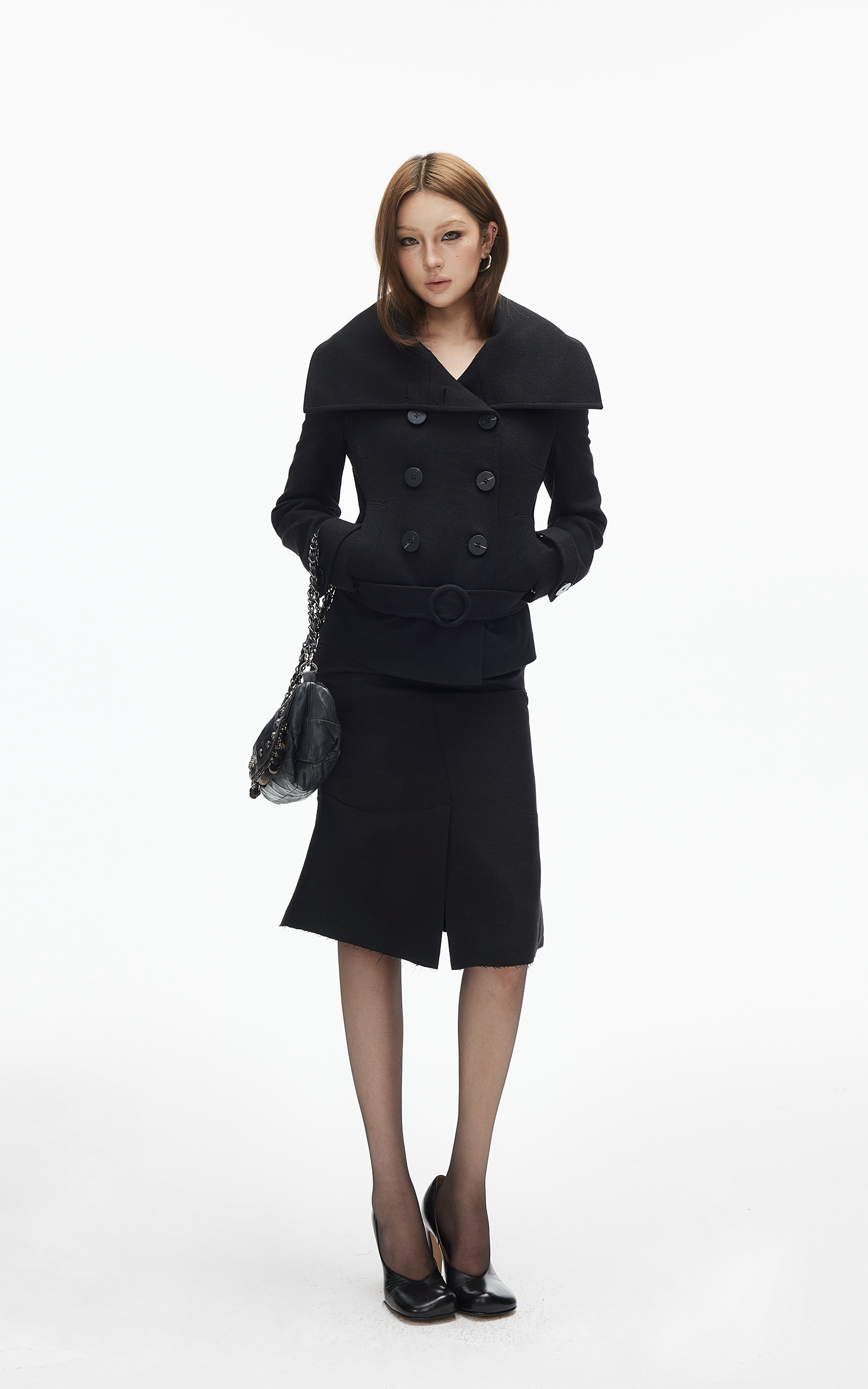 IAMXIAA Wool-Like High Neck Belted Double-Breasted Jacket