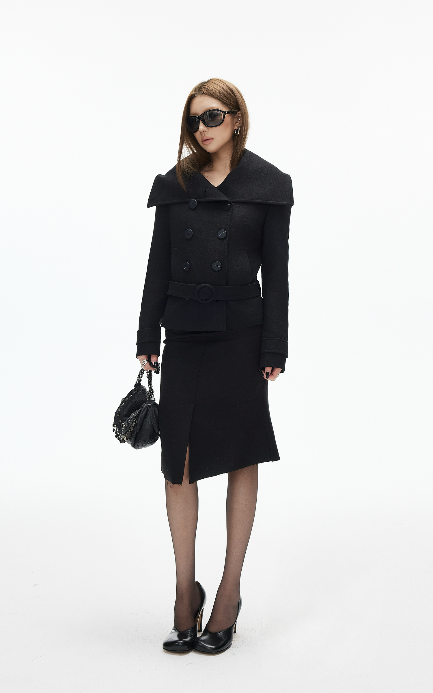 IAMXIAA Wool-Like High Neck Belted Double-Breasted Jacket