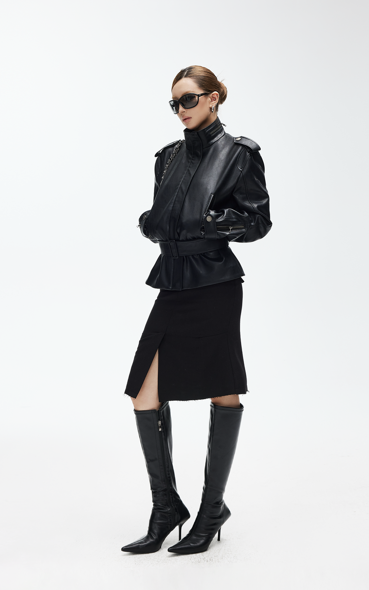 IAMXIAA Belted High-Neck Faux Leather Jacket – PINKPARKS