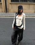 ROVENTE Washed Black Wide Leg Denim Pants