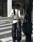 ROVENTE Washed Black Wide Leg Denim Pants