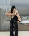 ROVENTE Washed Black Wide Leg Denim Pants