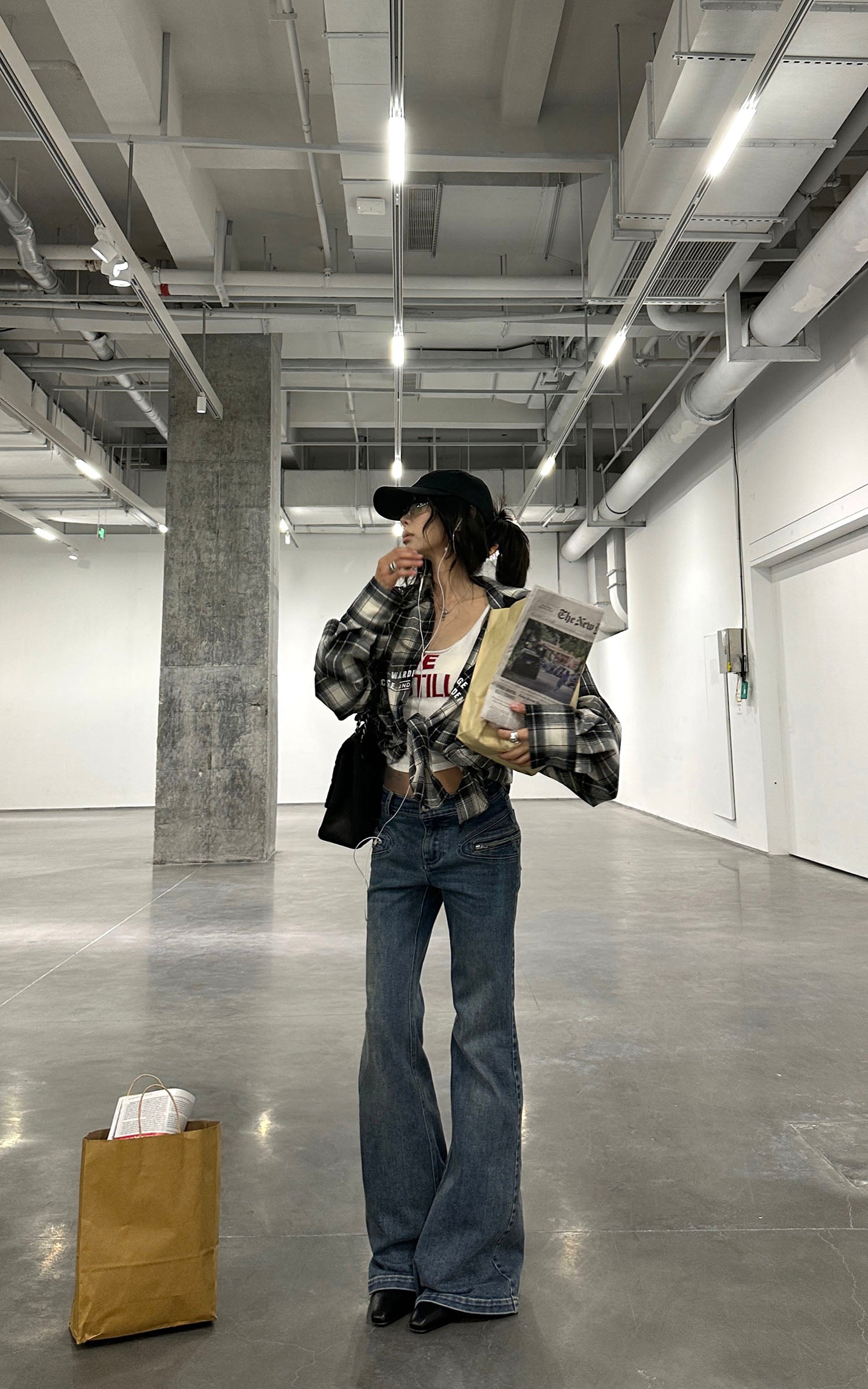 WARDEN EDGE Oversized Plaid Flannel Shirt with Graphic Print