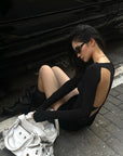 ROVENTE Backless Mesh Panel Long Sleeve Top