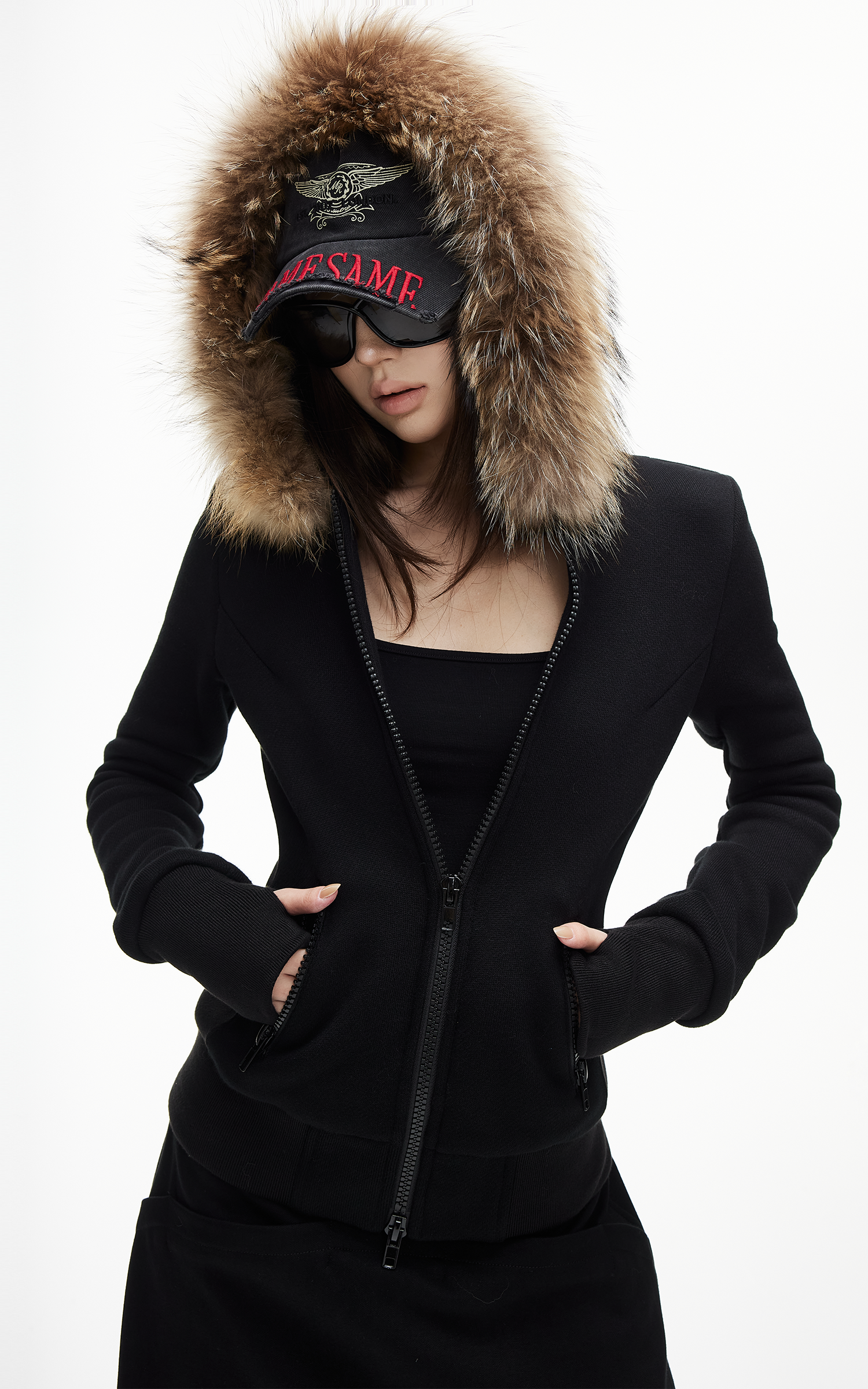 IAMXIAA Fitted Zip-Up Jacket with Detachable Faux Fur Hood