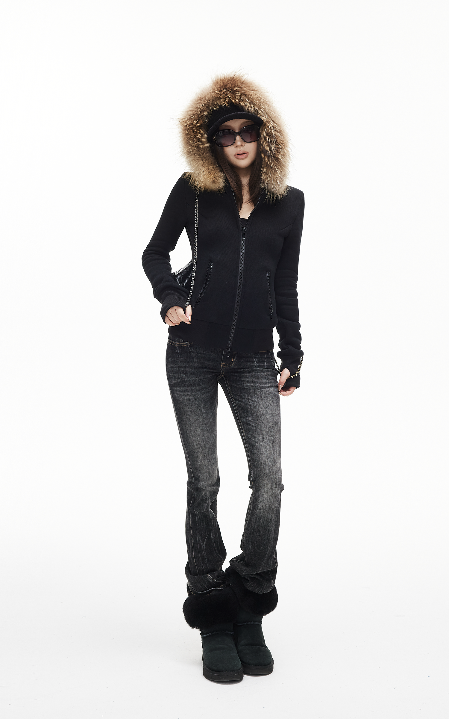 IAMXIAA Fitted Zip-Up Jacket with Detachable Faux Fur Hood