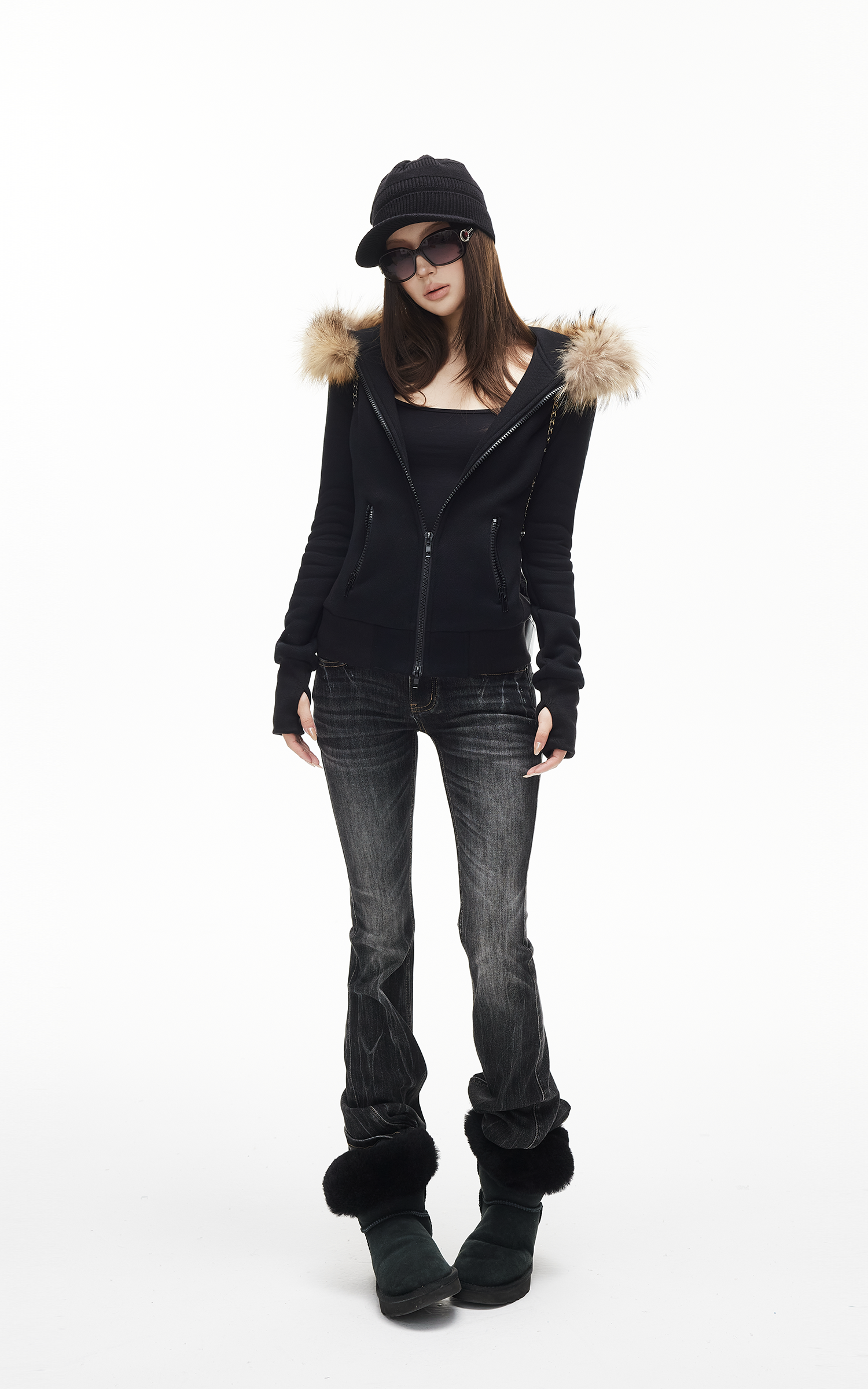 IAMXIAA Fitted Zip-Up Jacket with Detachable Faux Fur Hood