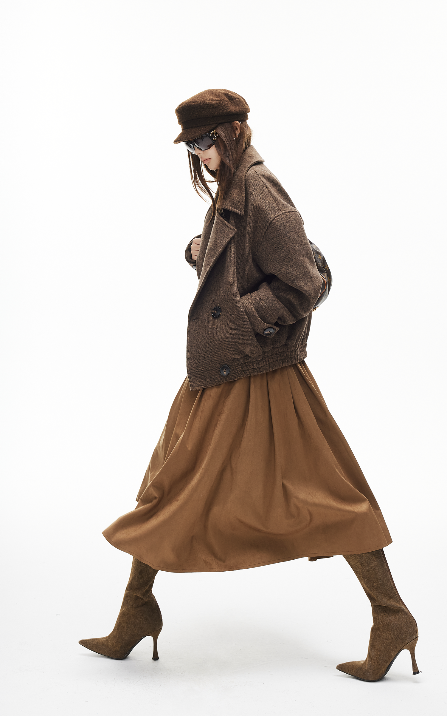 IAMXIAA Wool-Like Double-Breasted Cropped Jacket Women Short Lapel Coat