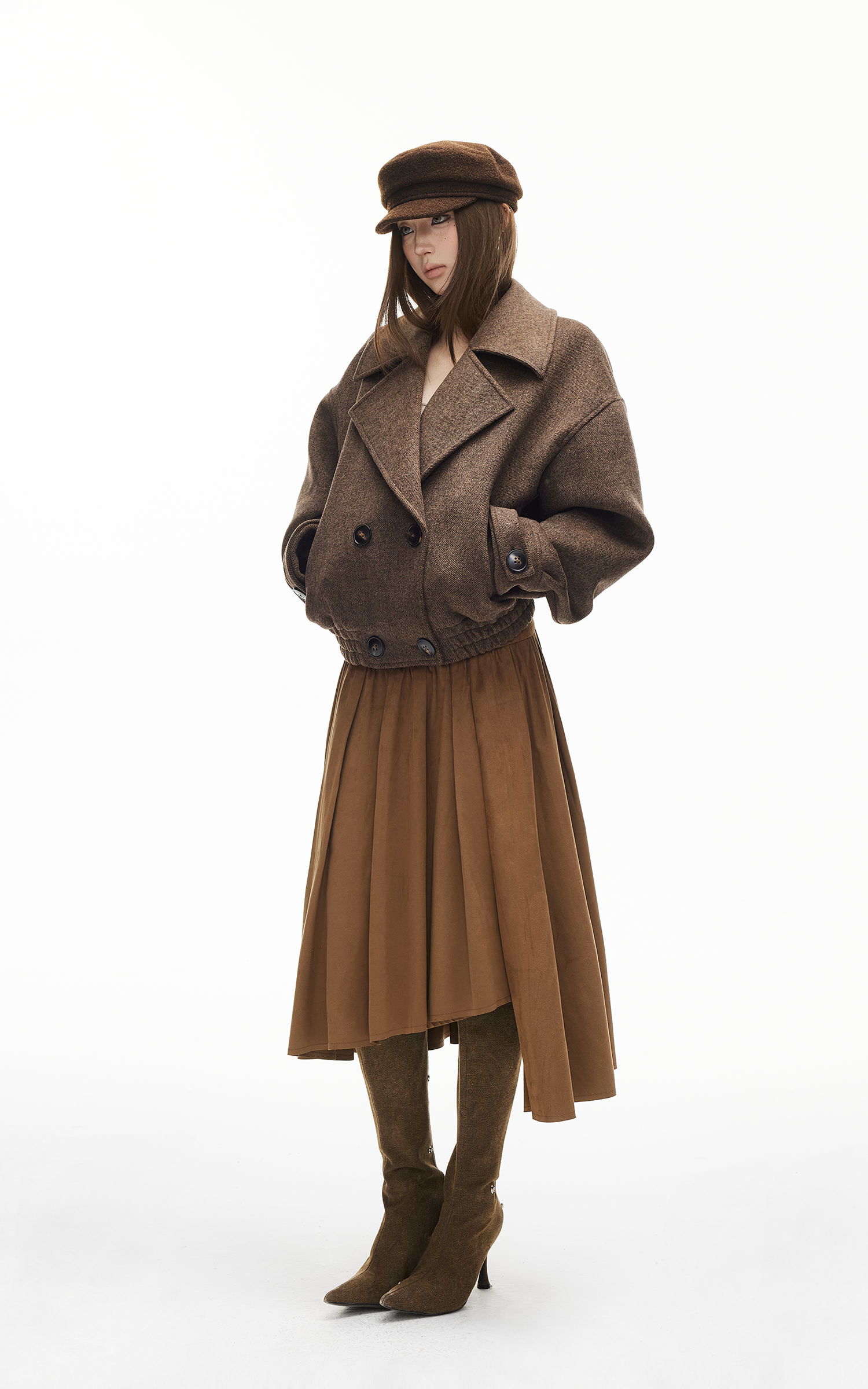 IAMXIAA Wool-Like Double-Breasted Cropped Jacket Women Short Lapel Coat